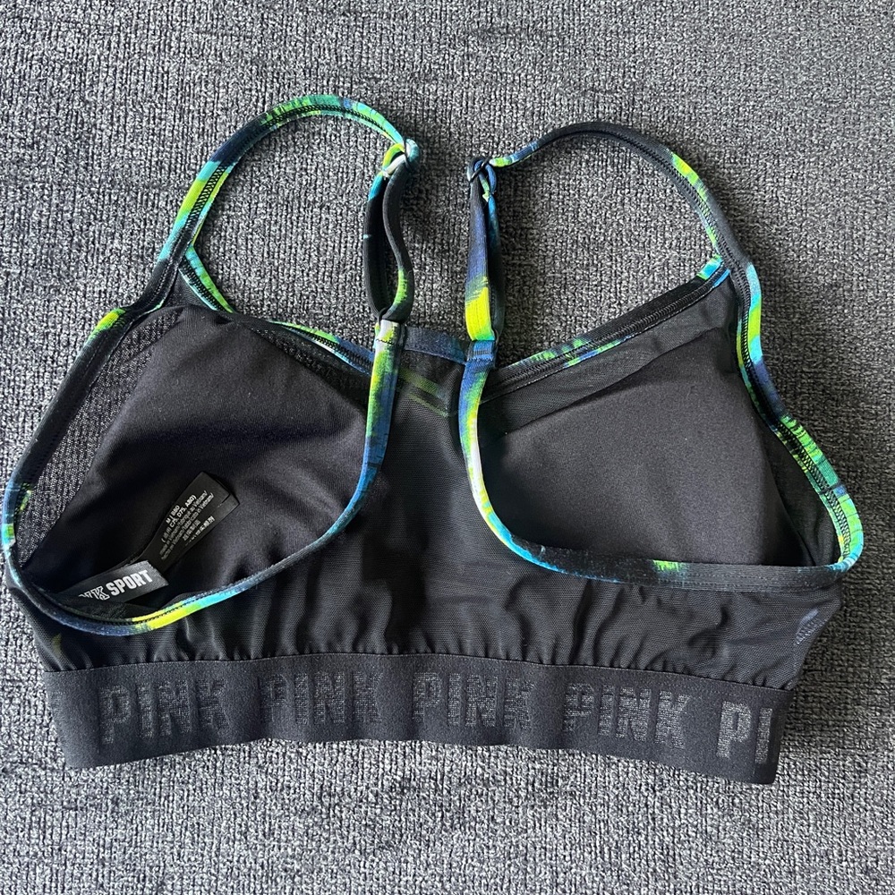 PINK Victoria's Secret | Size M | Black Sports Bra with Blue & Neon Green Print - Picture 3 of 11